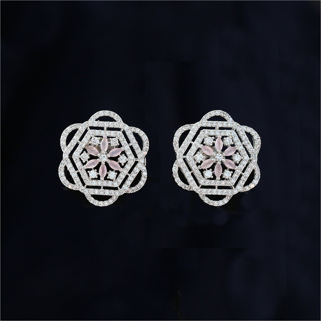 Trend Setting Rhodium Plated Stud Earrings in Floral pattern | Bridal Jewelry Silver Earrings | High End Cubic Zirconia Studs online