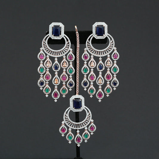 Rose Gold Long Earrings | Jhumka Earrings with Maang tikka | American Diamond Earrings | Fashion Celebrity Earrings | Designer Earrings