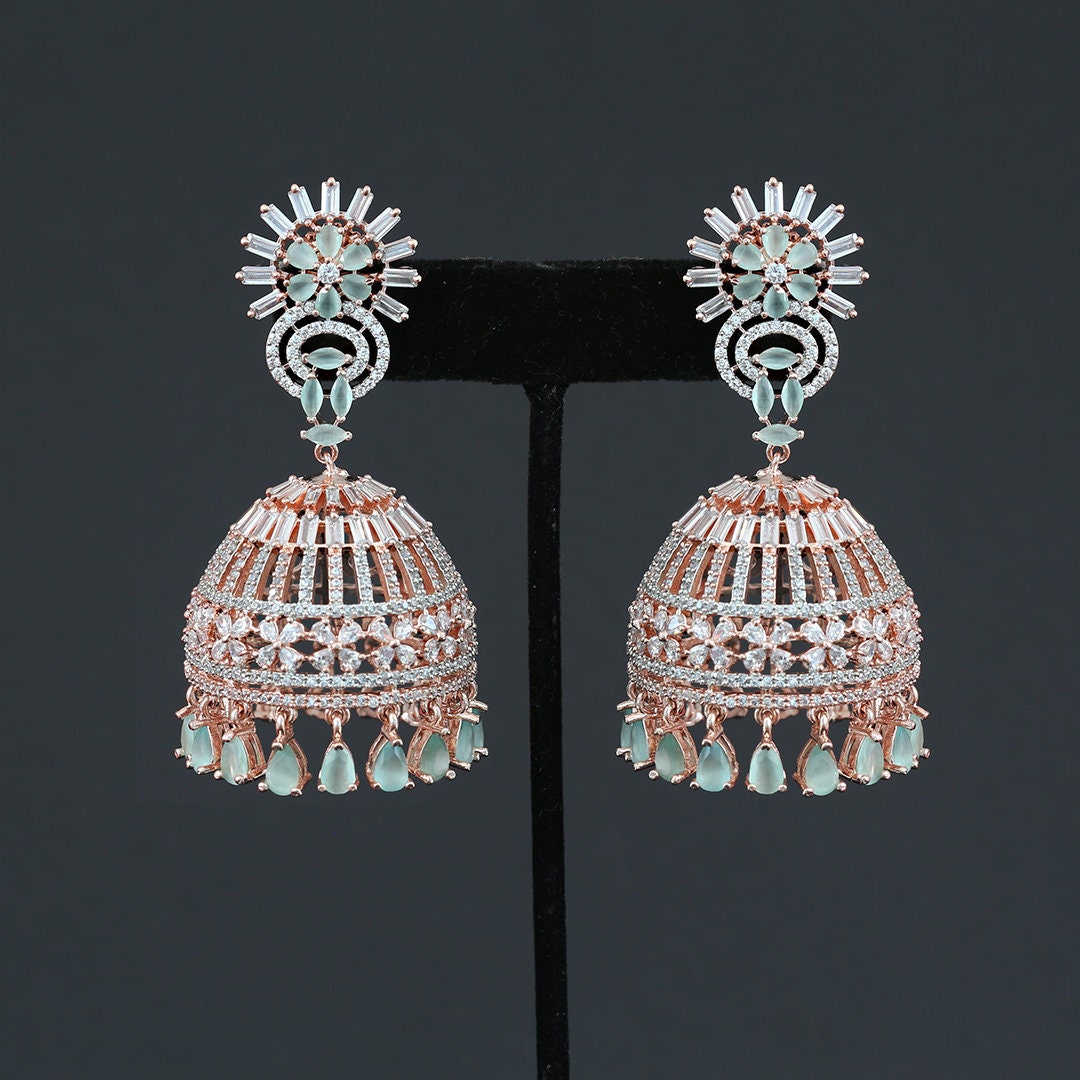 Rose Gold CZ Indian Jewelry Jhumka Earrings | Large Jhumkas Designs | Kashmiri Jhumki | Big bridal Jhumkas for wedding | Blue | Pink | Mint