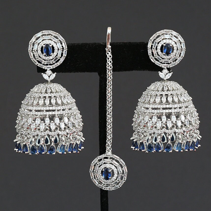Large silver Jhumki Tikka set with American Diamond Indian Jhumka Jhumki | Bridal Maang tikka earring set | Indian wedding Jewelry online