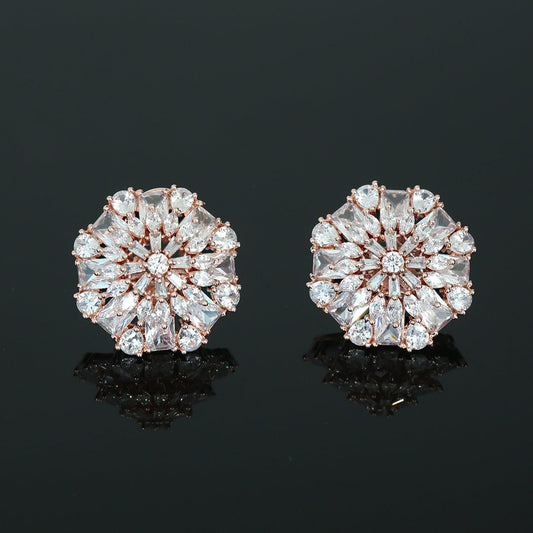 Solid Rose Gold Large stud Earrings in Flower Designs with White CZ stones | Indian stud earrings |Diamond Studs | Statement Earrings