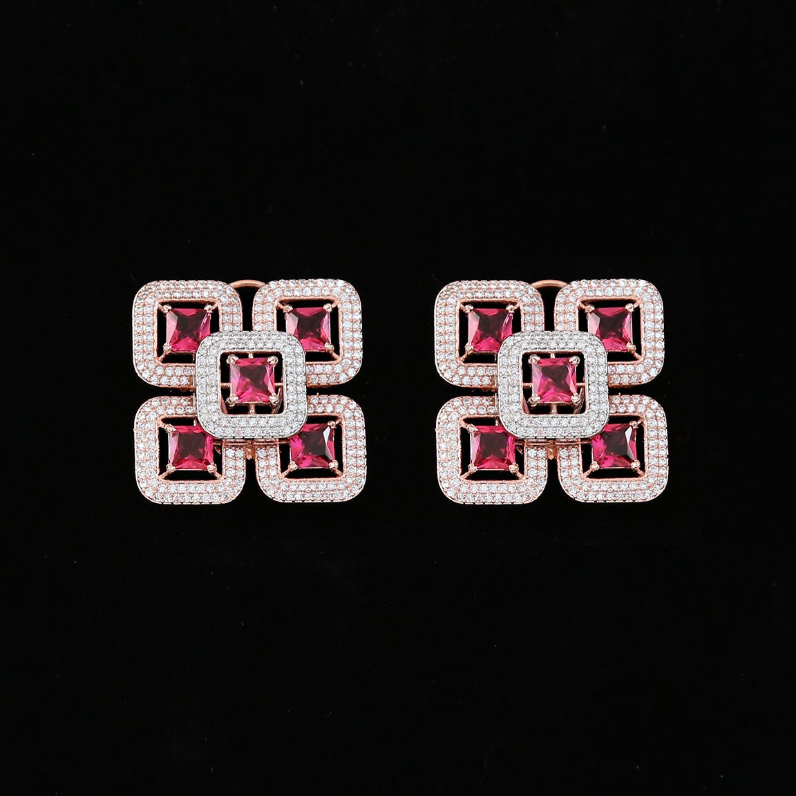 Stud earrings for women | Geometric square cluster stud earrings in rose-gold Finish |Big Indian Ruby stud earrings designs |Dual Tone Studs