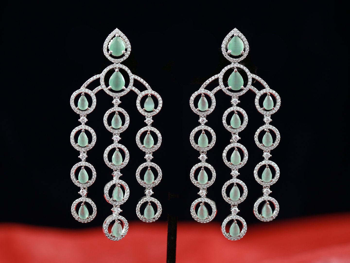 Crystal chandelier earrings for wedding | Silver teardrop dangle earrings | Cz bridal chandelier earrings | Triple strand long drop earrings