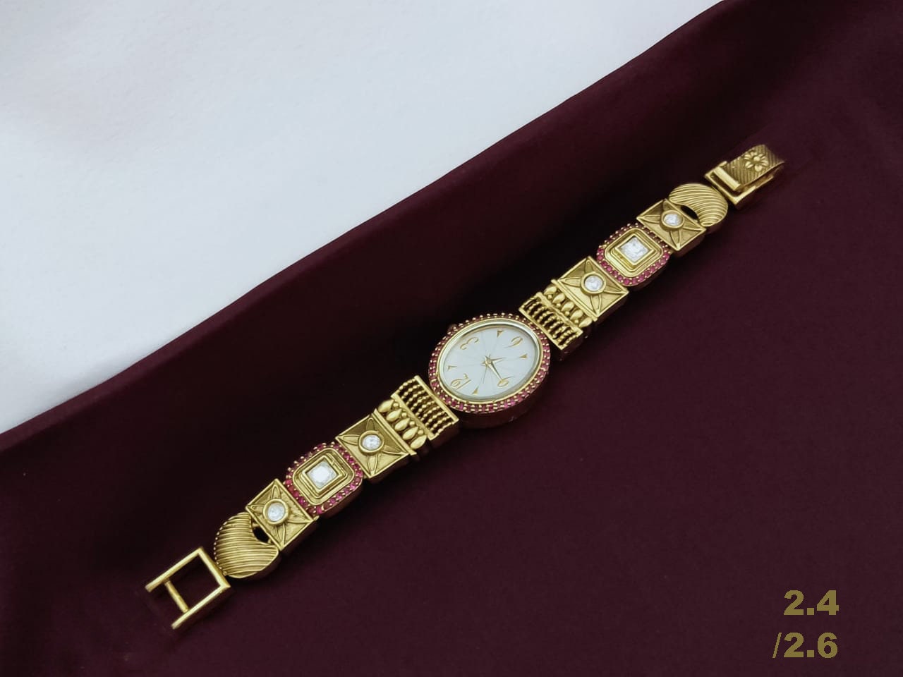 Antique Look gold plated watch Ladies watch | Women's designer watch for small wrist | Oval dial bracelet watch decorated with ruby stones