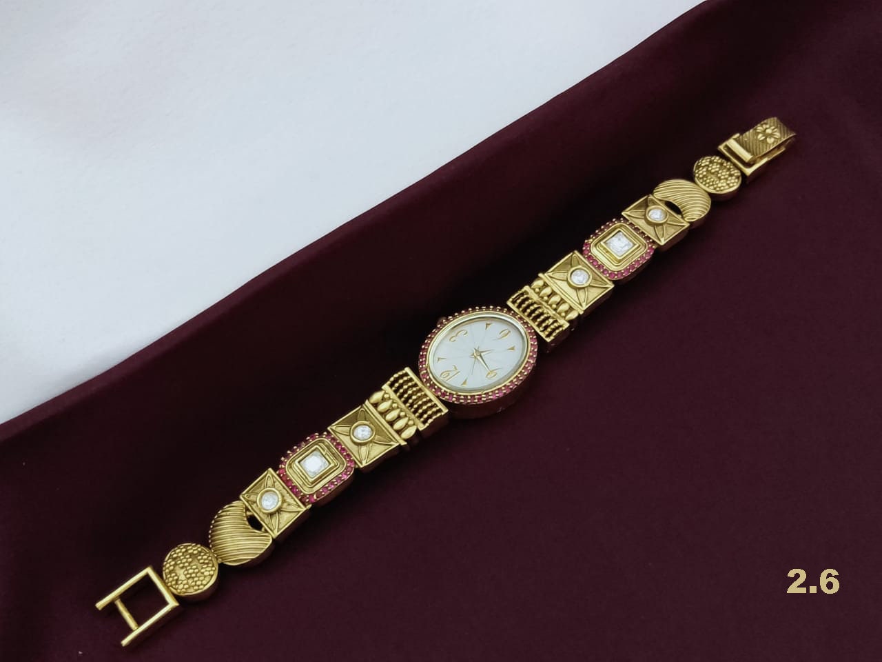 Antique Look gold plated watch Ladies watch | Women's designer watch for small wrist | Oval dial bracelet watch decorated with ruby stones