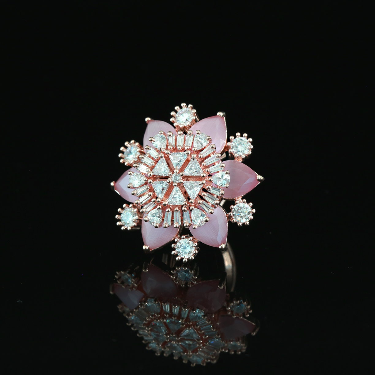 American diamond cocktail ring floral Design | Rose gold rings for women | Lotus flower engagement rings | Rose gold flower engagement rings