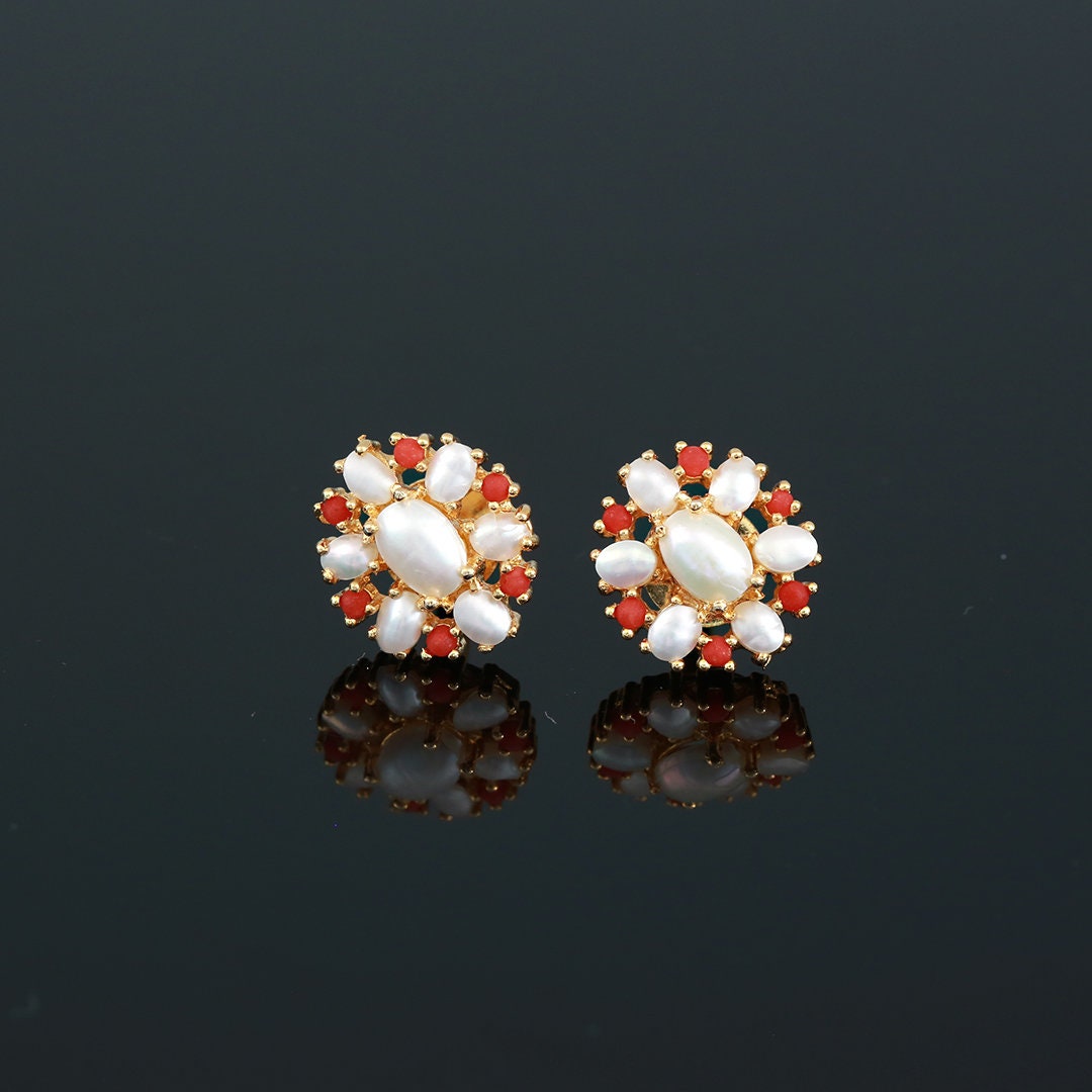 Pearl stud earrings gold with Emerald stones | Small ruby & Pearl earrings studs | Gold pearl flower stud earrings | Fresh water pearl studs