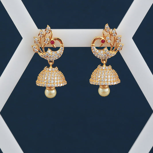 Ad stone jhumka earrings | Peacock jhumkas designs in gold | Ruby emerald earrings | Indian diamond earrings designs | American Diamond set