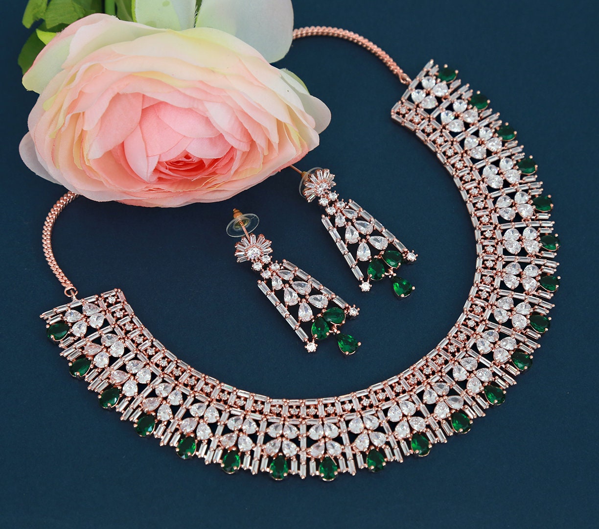 Rose gold American diamond set | Crystal Ruby Red statement necklace | Indian wedding jewelry set | Trendy south Indian jewelry design |