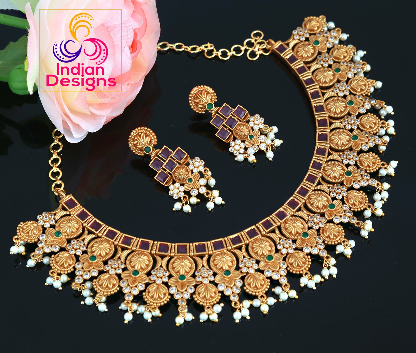 South Indian bridal necklace set | matte gold plated necklace | Exclusive pearl choker necklace gold | Ruby kemp stone choker necklace set