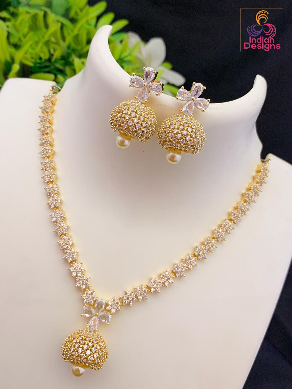 American diamond necklace Exclusive design | Floral emerald pendant necklace | Indian Cz necklace and earring sets | Jhumka necklace set