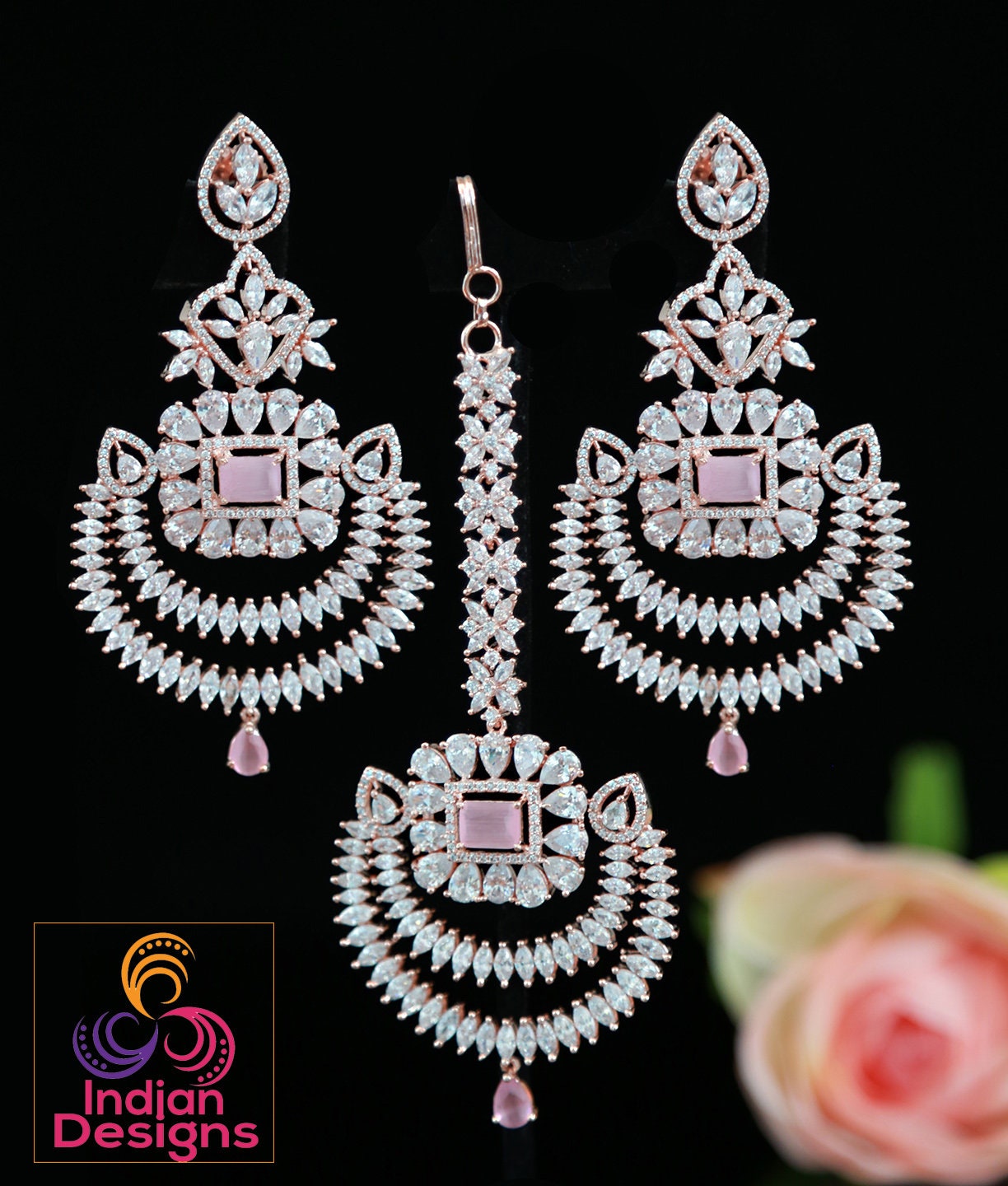 Chandbali crystal earrings tikka set Rose gold - Cz Color Stones | Punjabi earrings with maang tikka for wedding | Indian Designs collection