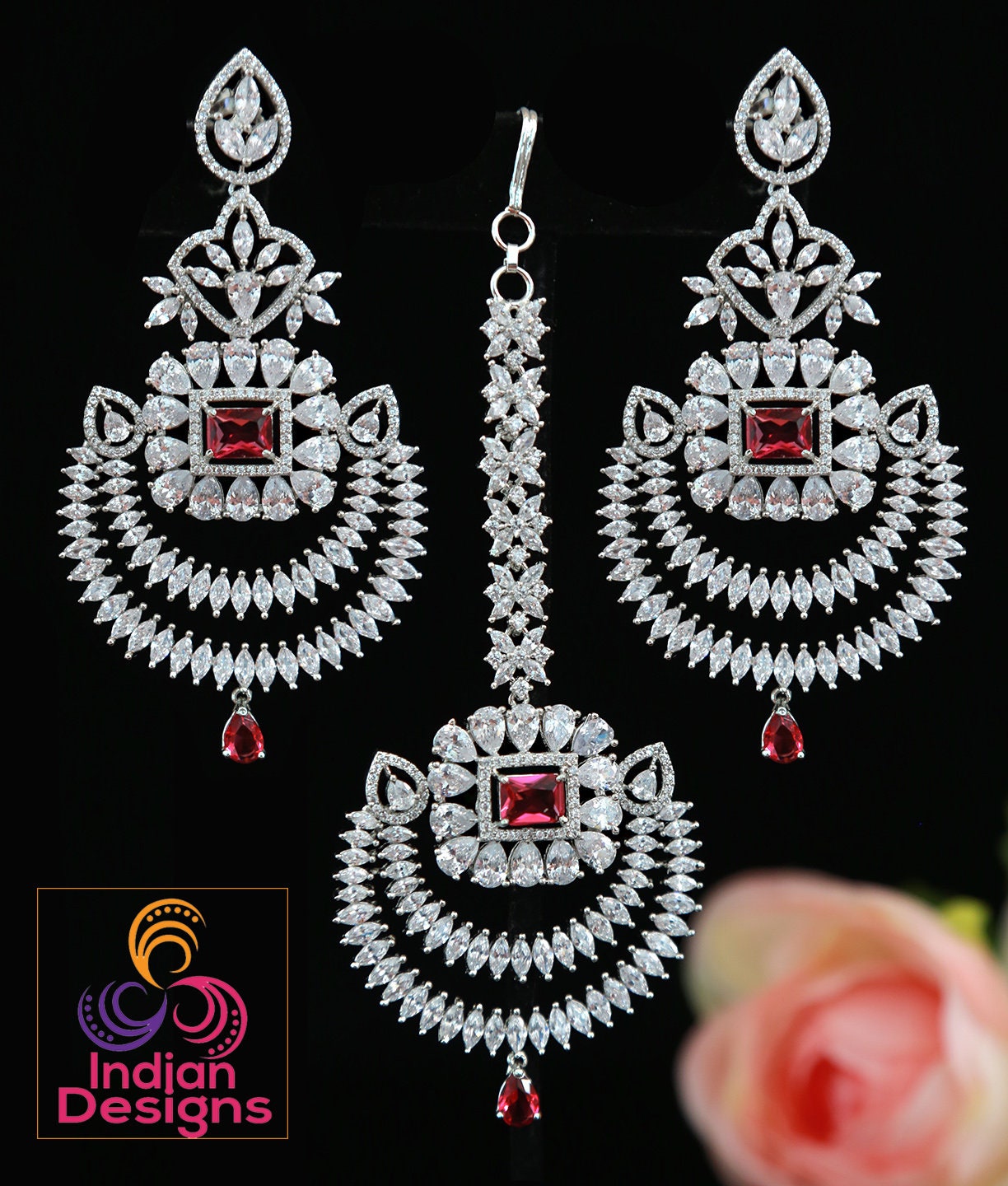 Chandbali crystal earrings tikka set Silver tone - Cz Color Stones | Punjabi earrings with maang tikka wedding | Indian Designs collection