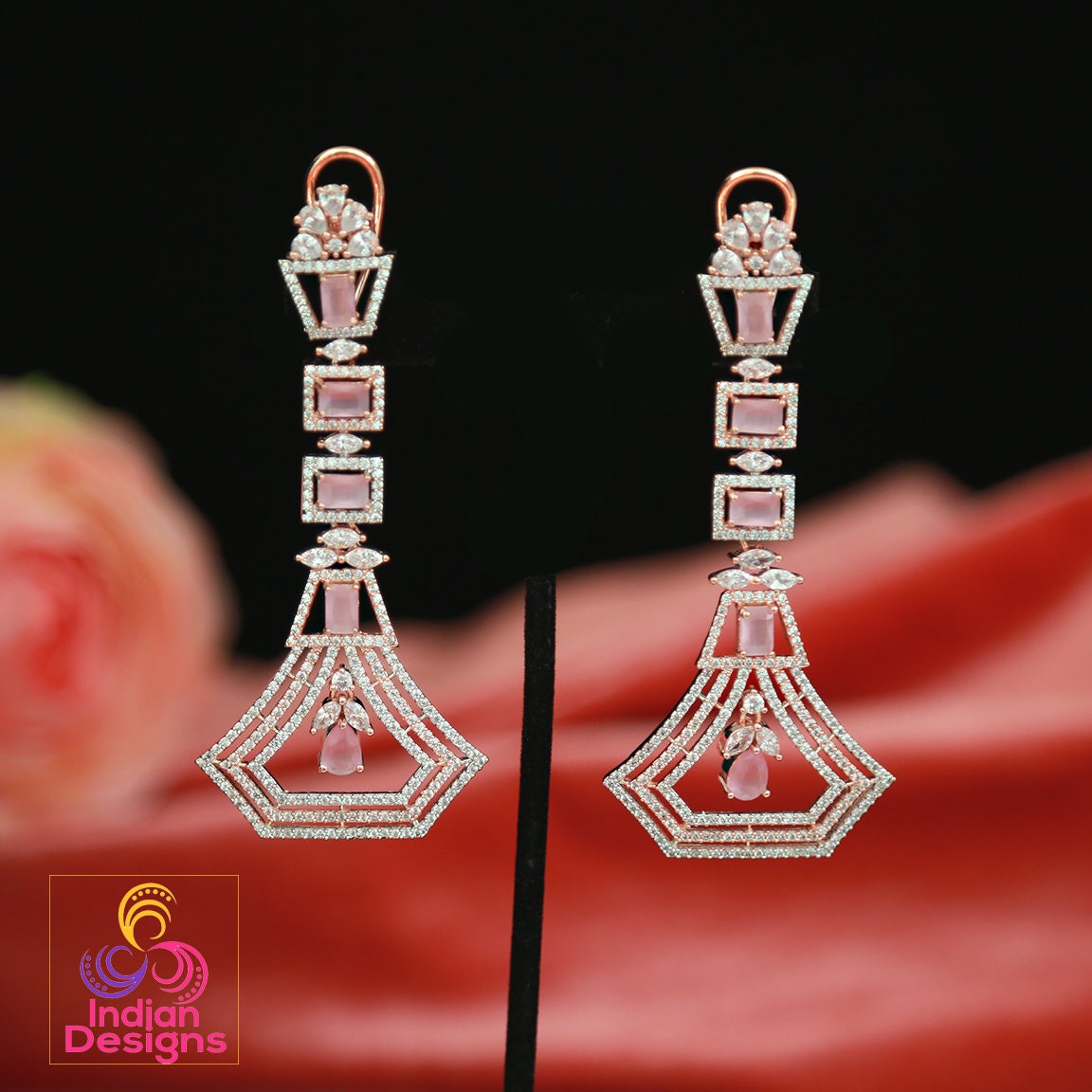 Fashion earrings for women | Rose gold chandelier earrings Designs | American Diamond rose gold earrings for wedding | Pink diamond earrings