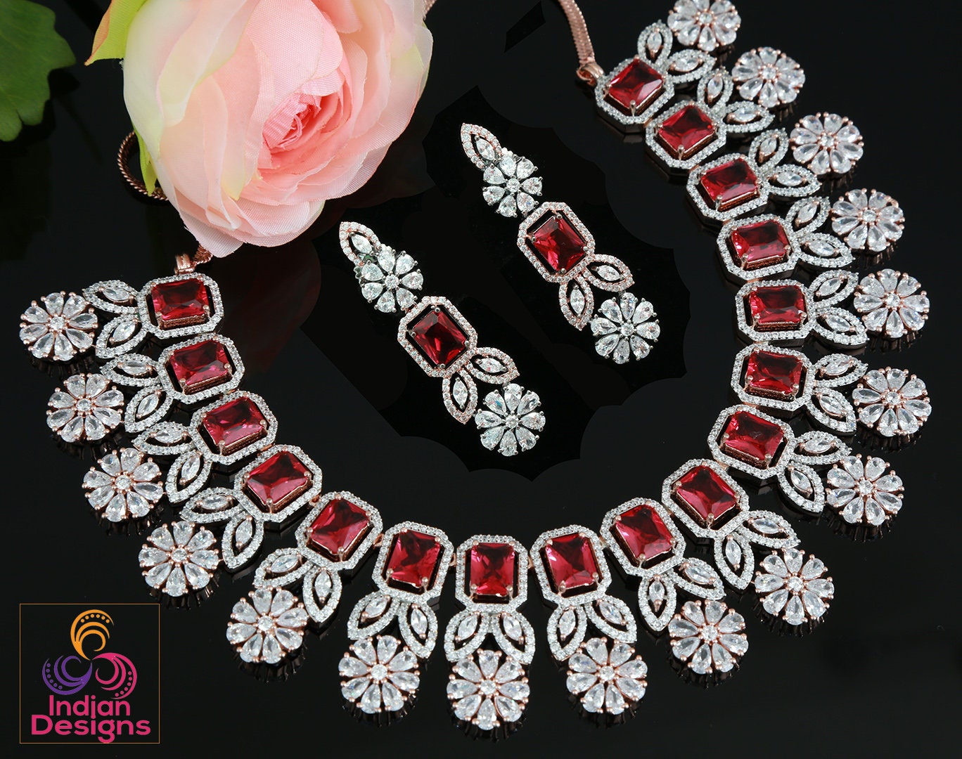American Diamond Mint Green - Black and Rose gold plated Oxidized Necklace | AD wedding jewelry set Indian | CZ wedding choker jewelry Pink