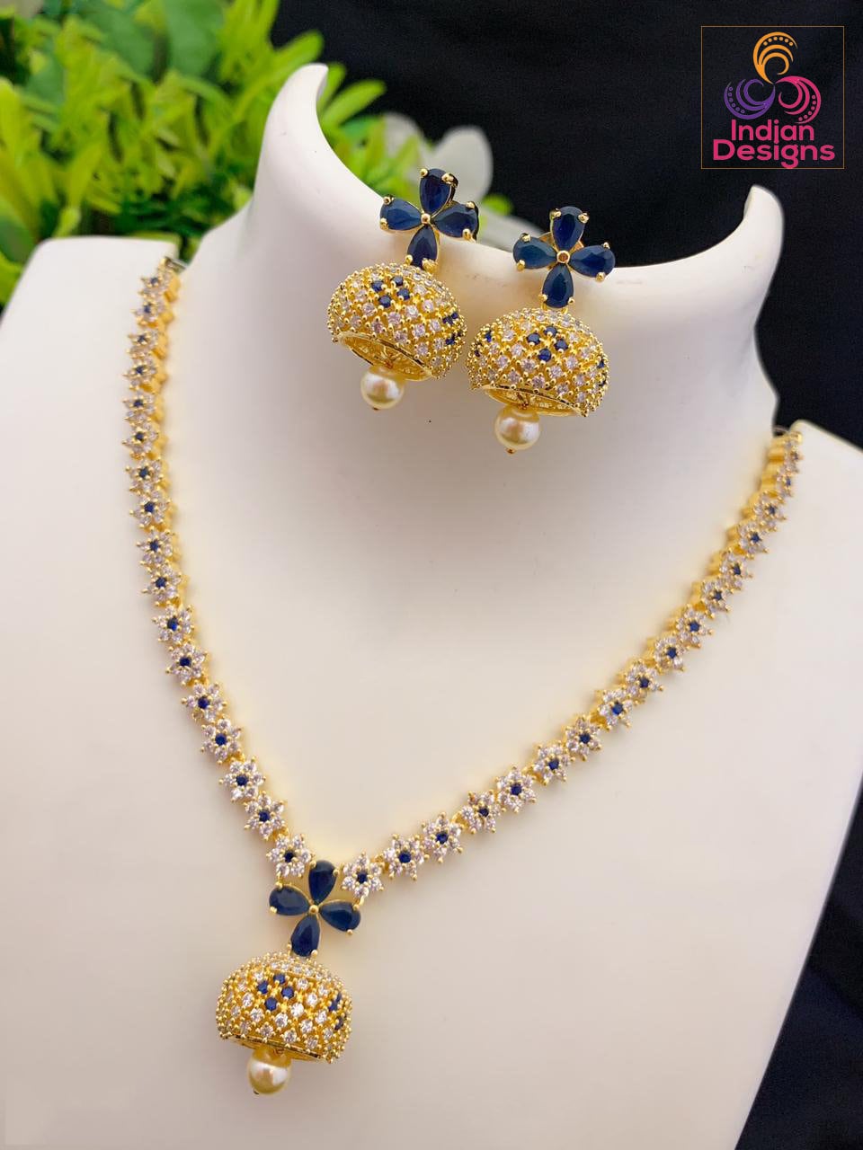 American diamond necklace Exclusive design | Floral emerald pendant necklace | Indian Cz necklace and earring sets | Jhumka necklace set