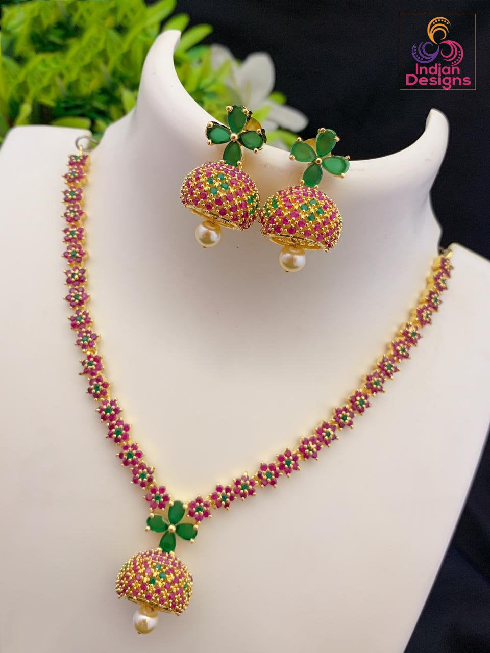 American diamond necklace Exclusive design | Floral emerald pendant necklace | Indian Cz necklace and earring sets | Jhumka necklace set