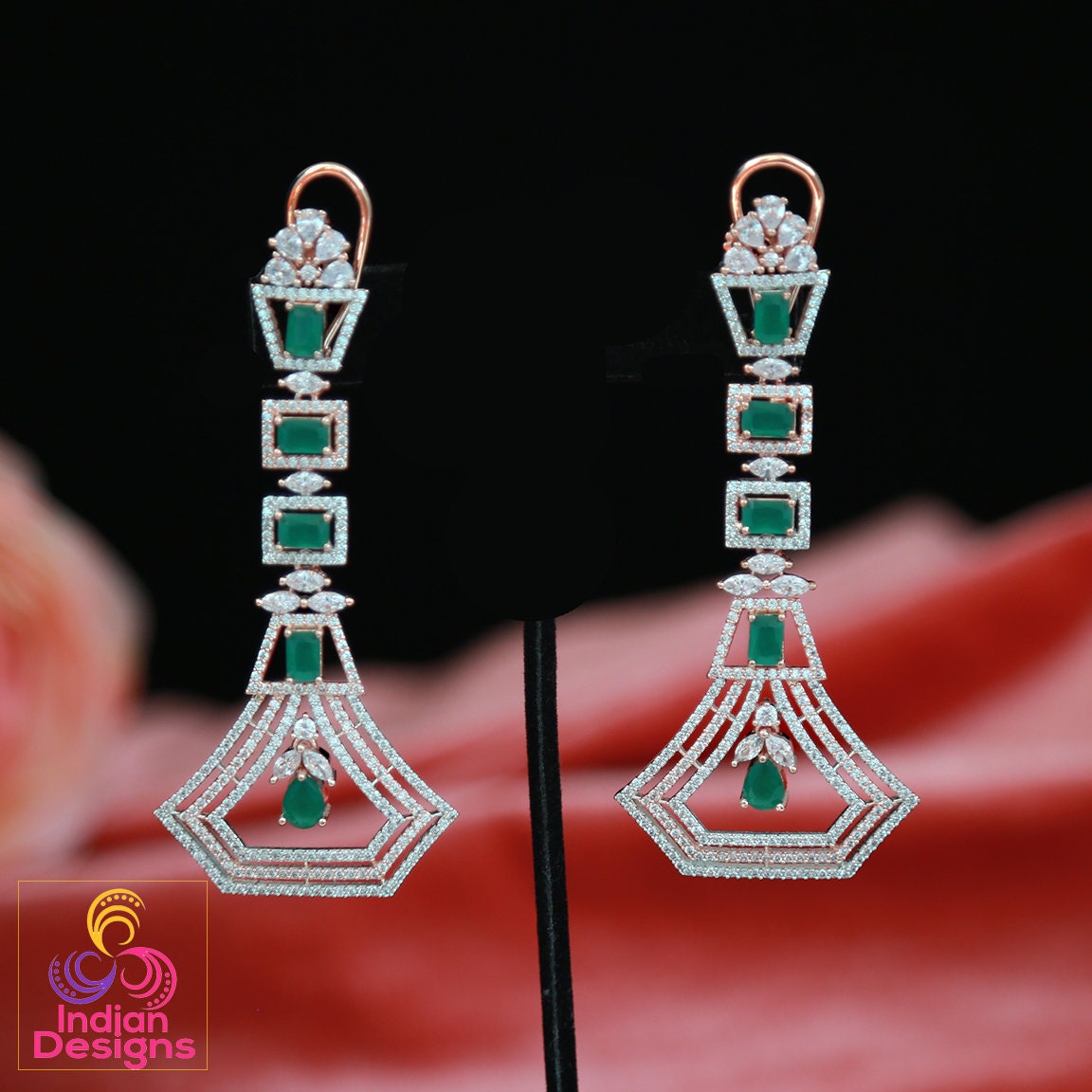 Fashion earrings for women | Rose gold chandelier earrings Designs | American Diamond rose gold earrings for wedding | Pink diamond earrings