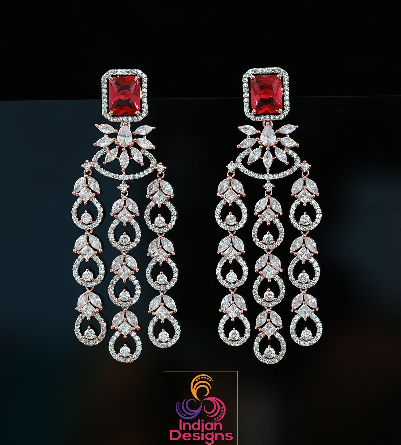 Rose gold American diamond earrings | Mint green earrings dangle Indian Bollywood style | Marquise diamond 3 strand earrings | IndianDesigns