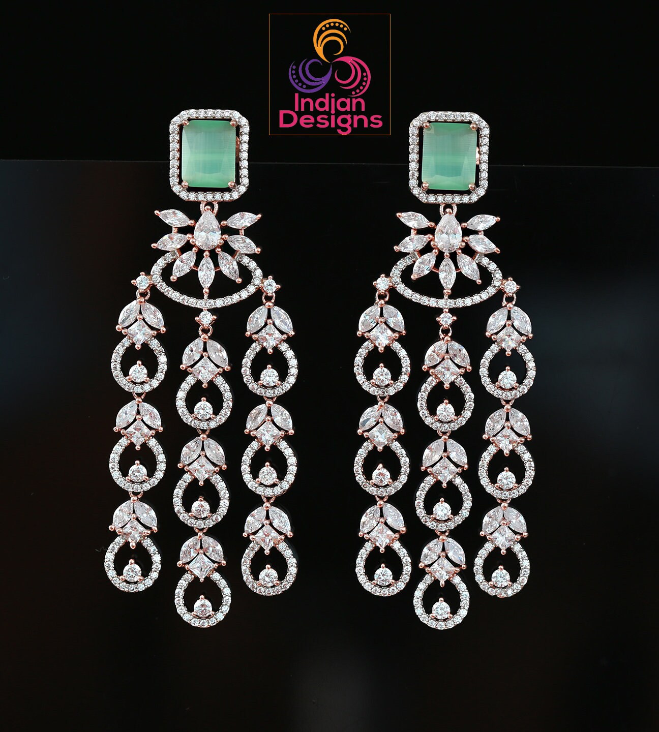 Rose gold American diamond earrings | Mint green earrings dangle Indian Bollywood style | Marquise diamond 3 strand earrings | IndianDesigns