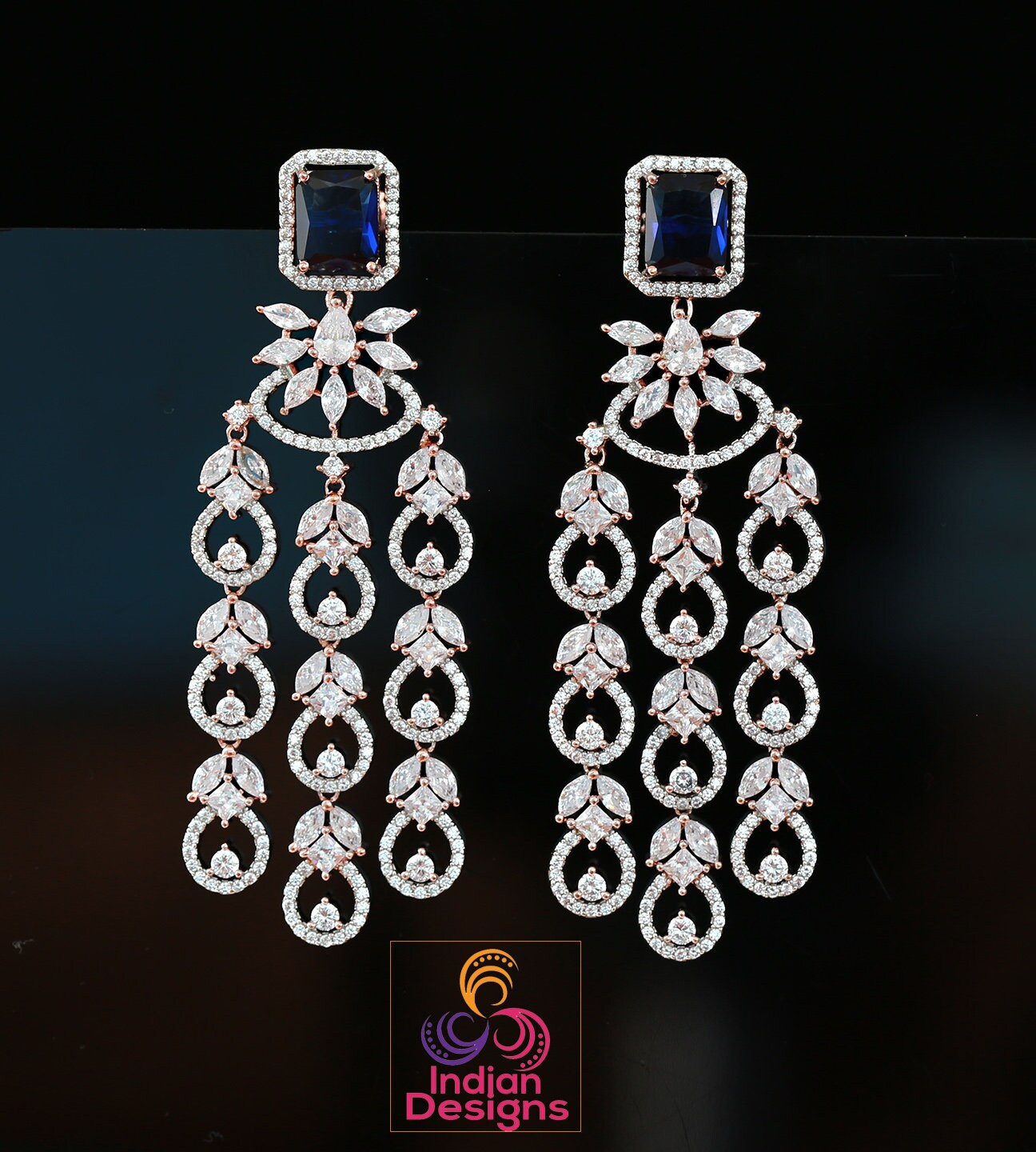 Rose gold American diamond earrings | Mint green earrings dangle Indian Bollywood style | Marquise diamond 3 strand earrings | IndianDesigns