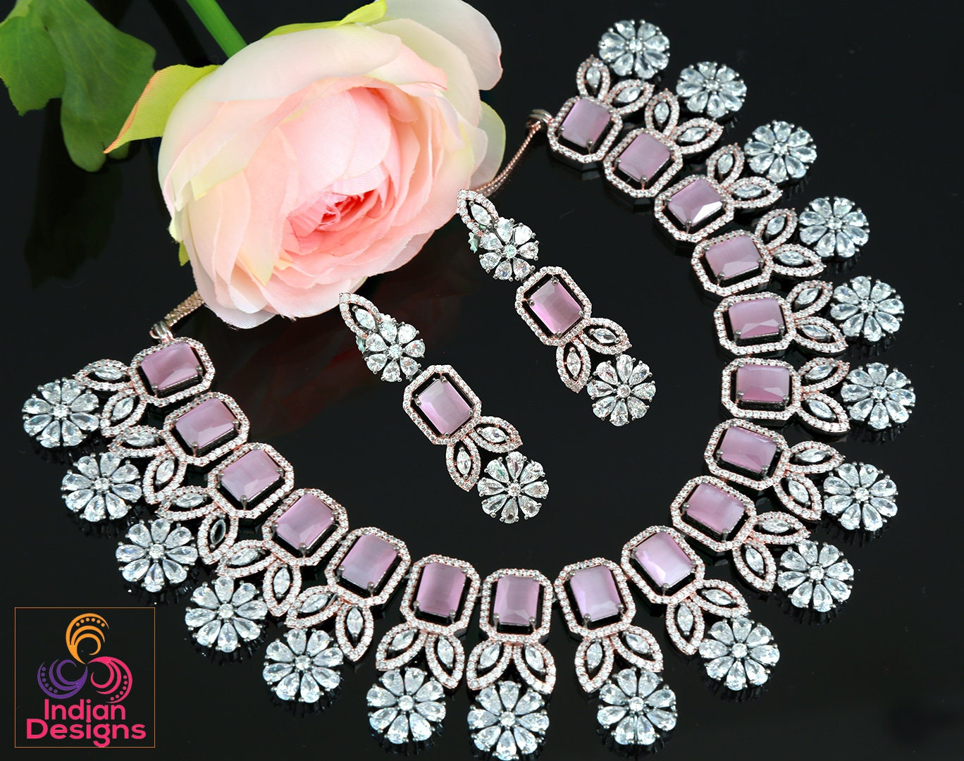 American Diamond Mint Green - Black and Rose gold plated Oxidized Necklace | AD wedding jewelry set Indian | CZ wedding choker jewelry Pink