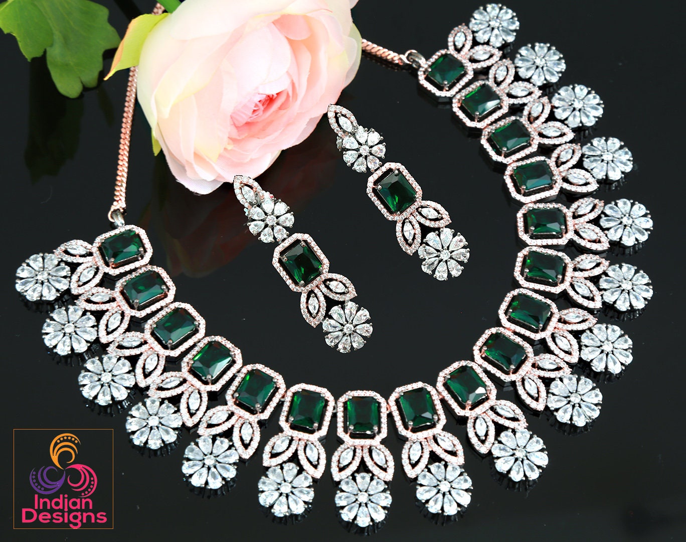 American Diamond Mint Green - Black and Rose gold plated Oxidized Necklace | AD wedding jewelry set Indian | CZ wedding choker jewelry Pink