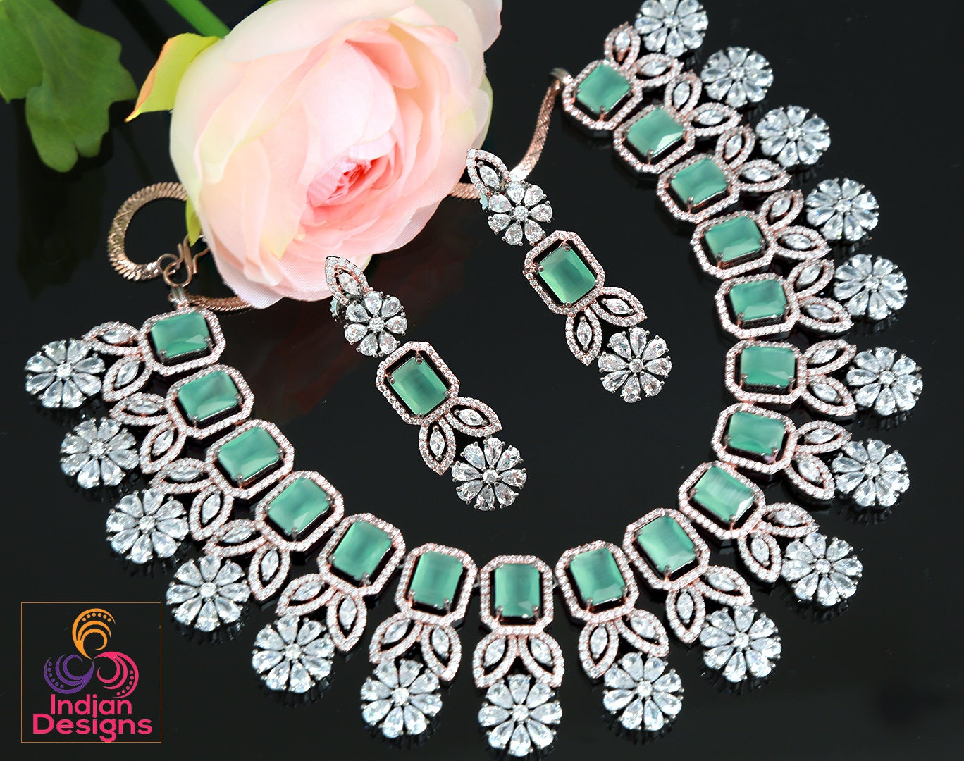 American Diamond Mint Green - Black and Rose gold plated Oxidized Necklace | AD wedding jewelry set Indian | CZ wedding choker jewelry Pink