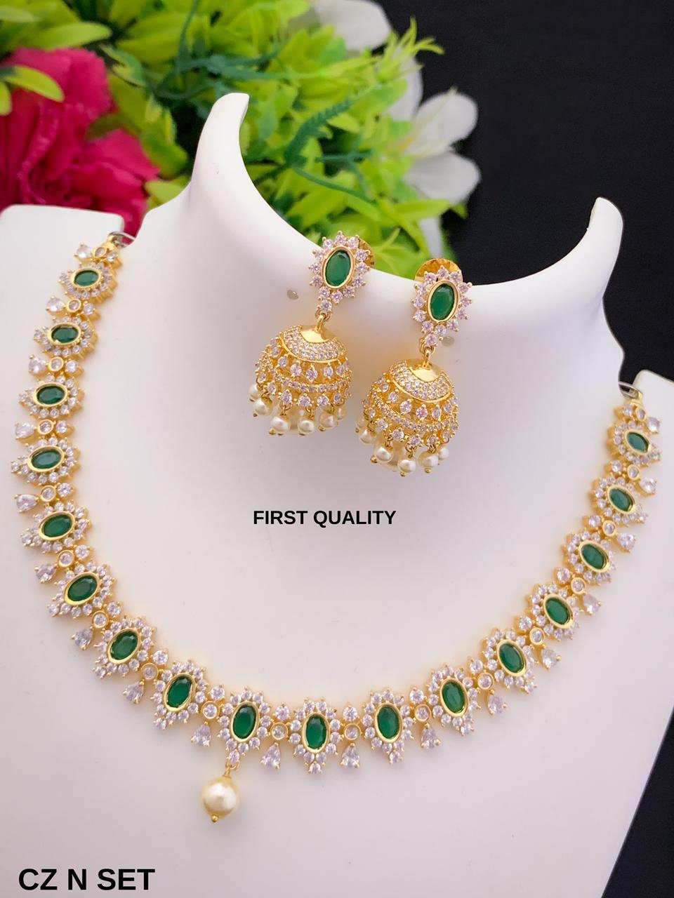 Cz American diamond ruby and green stone gold necklace with pearl drop earrings | necklace with single pearl drop | Jhumka Earrings