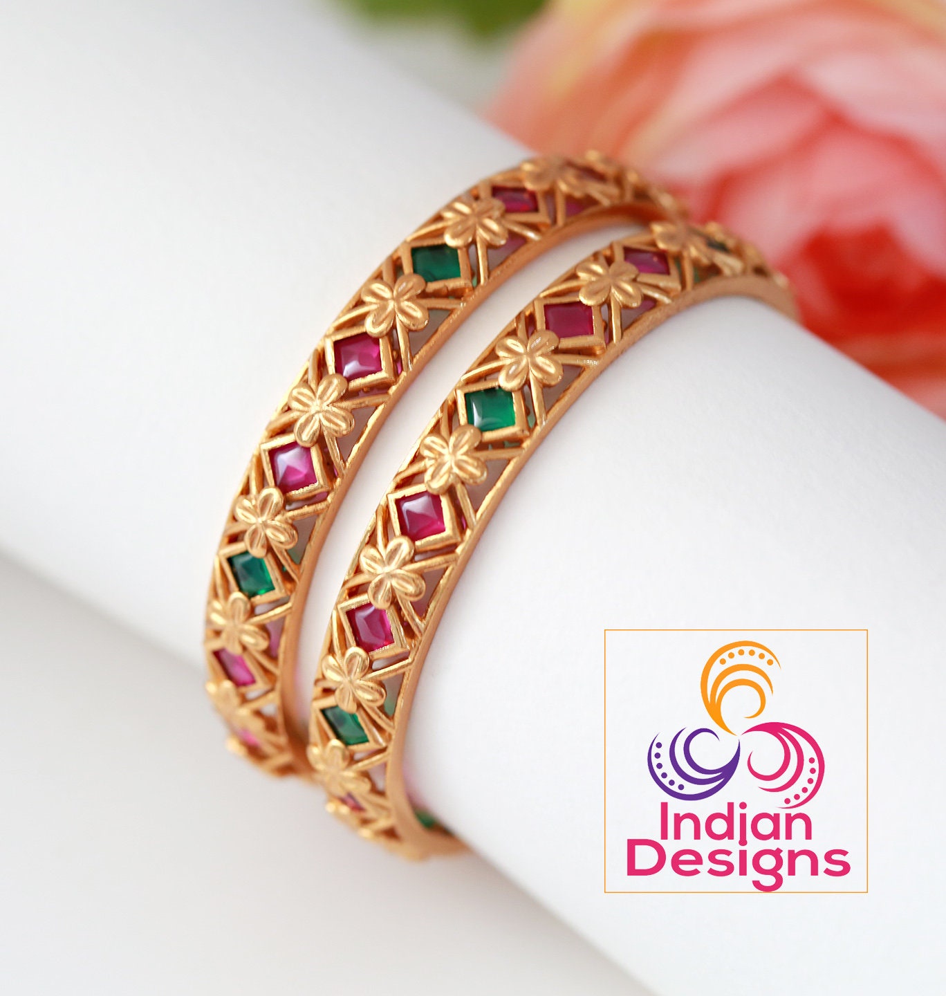 Matte Gold Pink and Green Kemp stone South Indian Bangles | Premium Quality matte bangles set | Pink matte bangles | Traditional Bangles