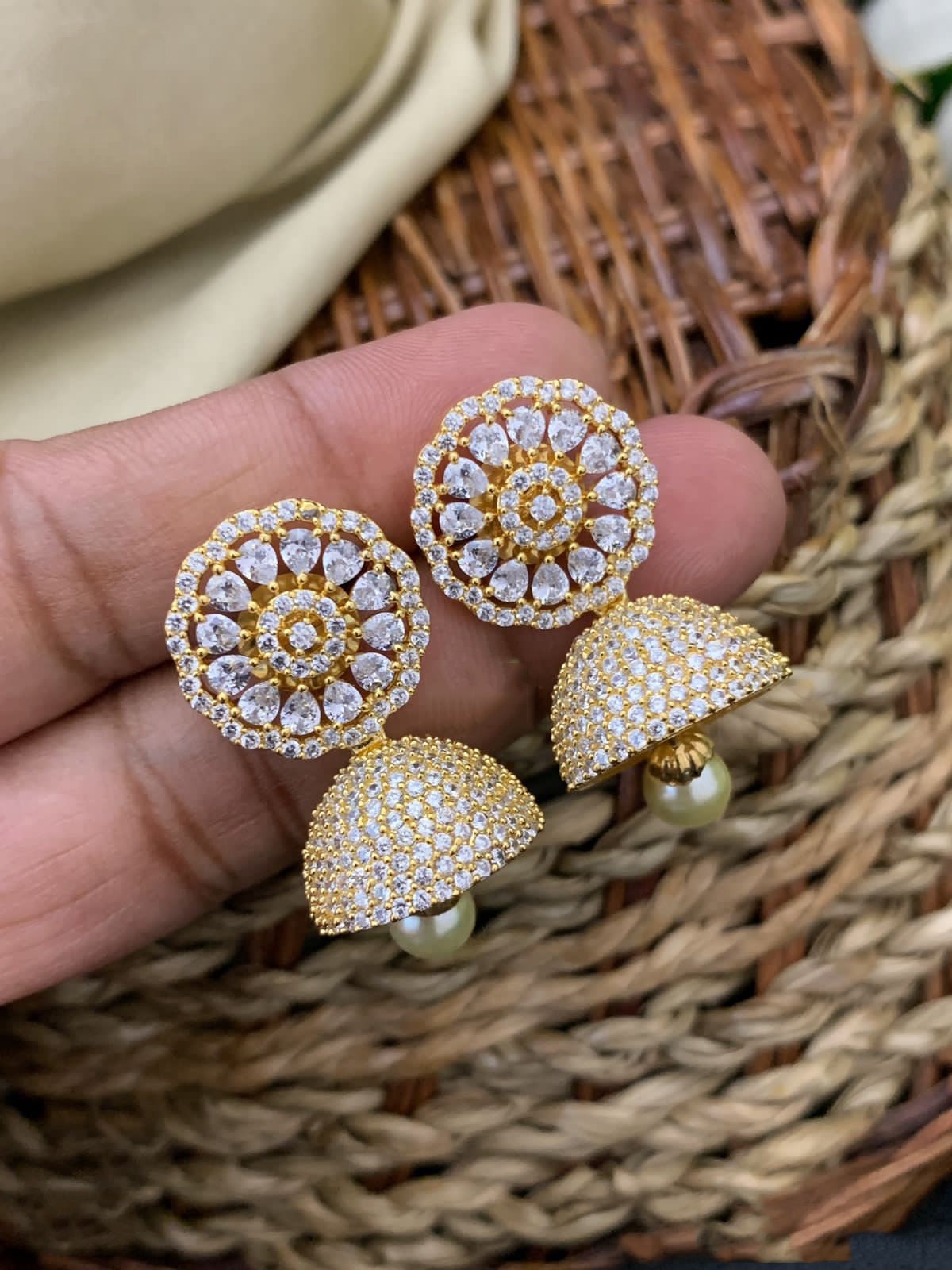 Latest Small AD Jhumka earrings gold Designs | American diamond Jhumka earrings | South Indian Jhumka designs in gold | Bollywood earrings