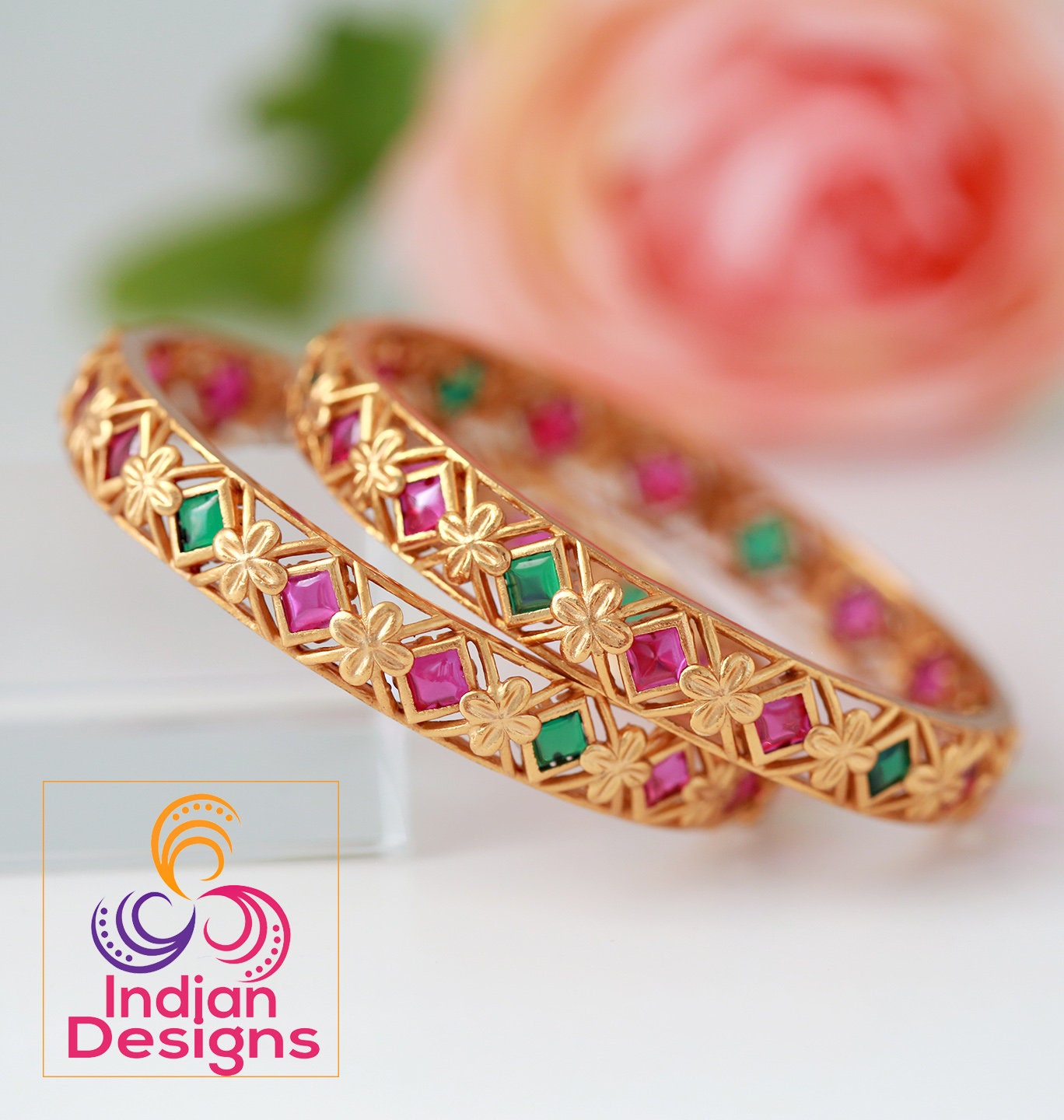 Matte Gold Pink and Green Kemp stone South Indian Bangles | Premium Quality matte bangles set | Pink matte bangles | Traditional Bangles
