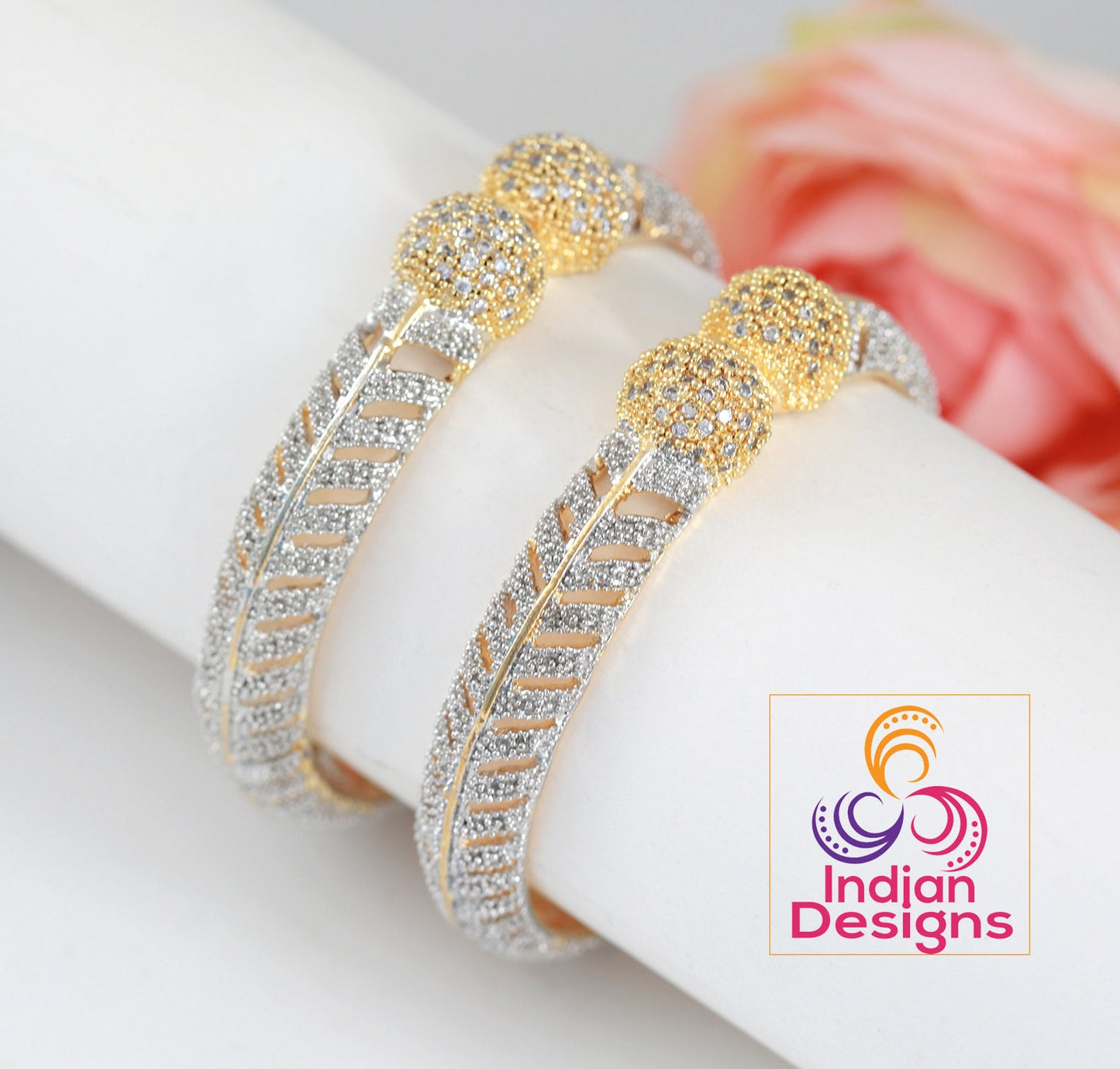 Bangle Bracelet in Gold with CZ diamond Crystals | American Diamond 18k Gold Plated Designer Stone studded Kada Bangles Set of 2 | Low price