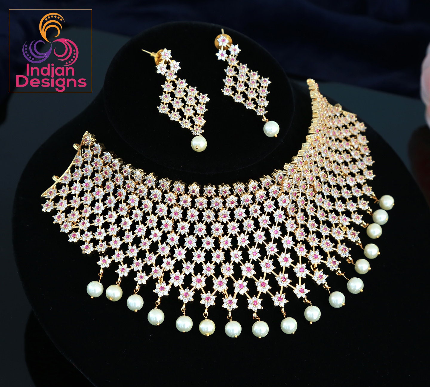 Exclusive American Diamond Indian Wedding Jewelry Gold Choker set