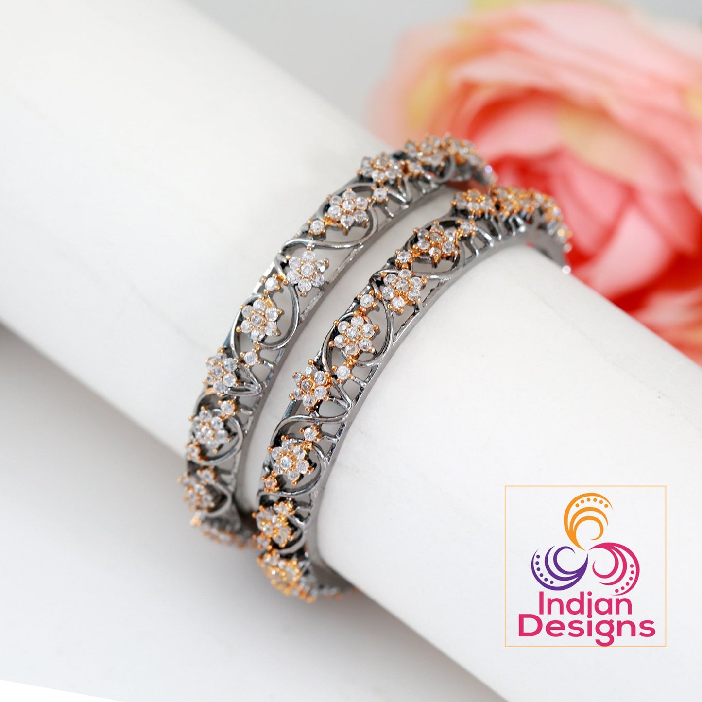 2.10 Size Oxidized bangles set |Oxidized finish American Diamond Bracelet Bangles|Beautiful floral design bangles Oxidized tone|Gift for her