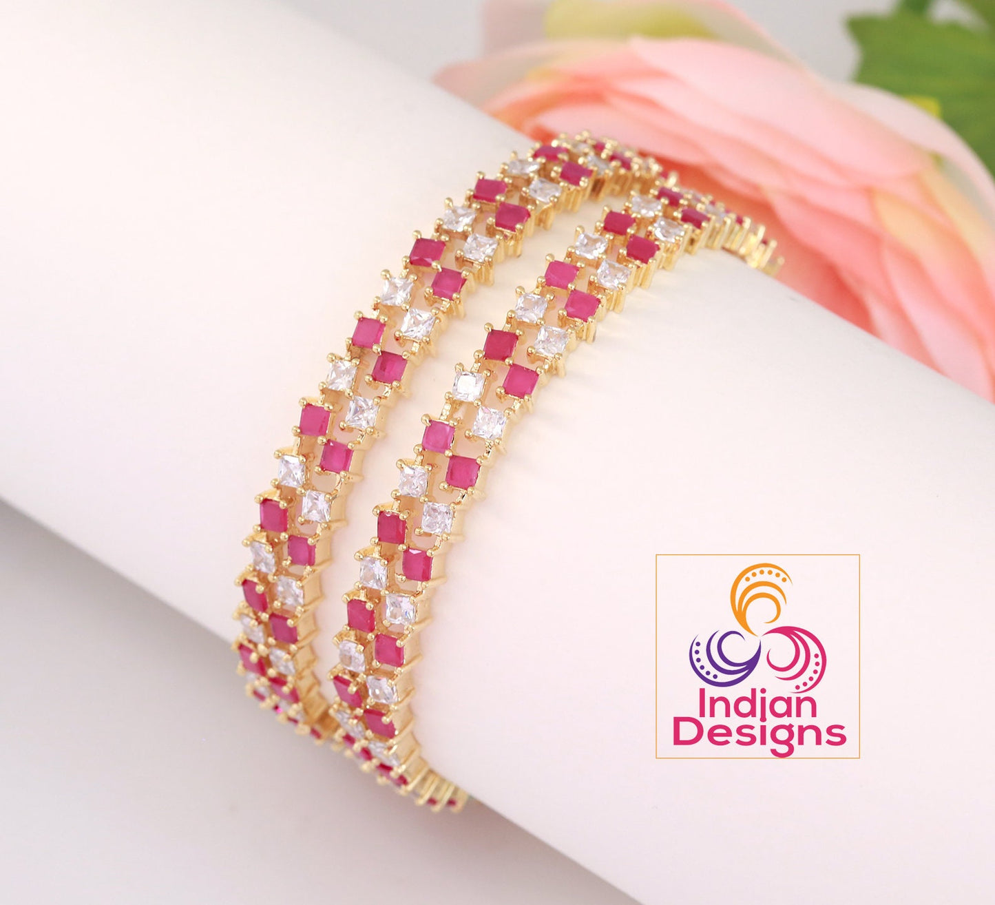 Shop Ruby Diamond gold bangle |Pair of Gold plated bangle studded with square cut Ruby and white CZ stones | 2.6 size Ruby stone bangles
