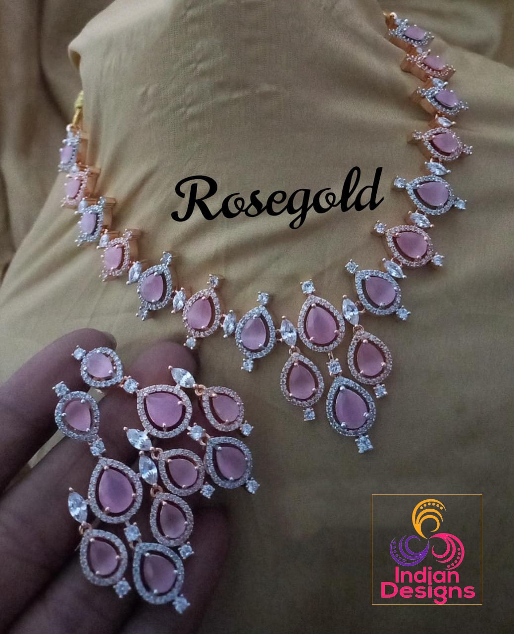 Rose gold Diamond necklace and earring set | American Diamond teardrop stone necklace Rose gold | Indian CZ Crystal necklace earring sets