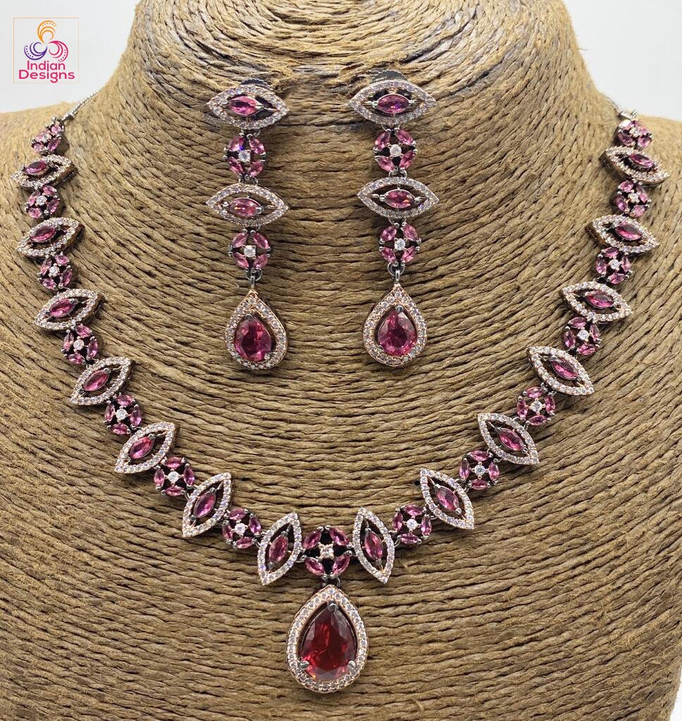 Rose gold black polish American Diamond Necklace sets | Oxidized Polish and Rose gold plating AD stone necklace | CZ Necklace Designs