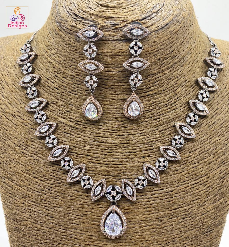 Rose gold black polish American Diamond Necklace sets | Oxidized Polish and Rose gold plating AD stone necklace | CZ Necklace Designs