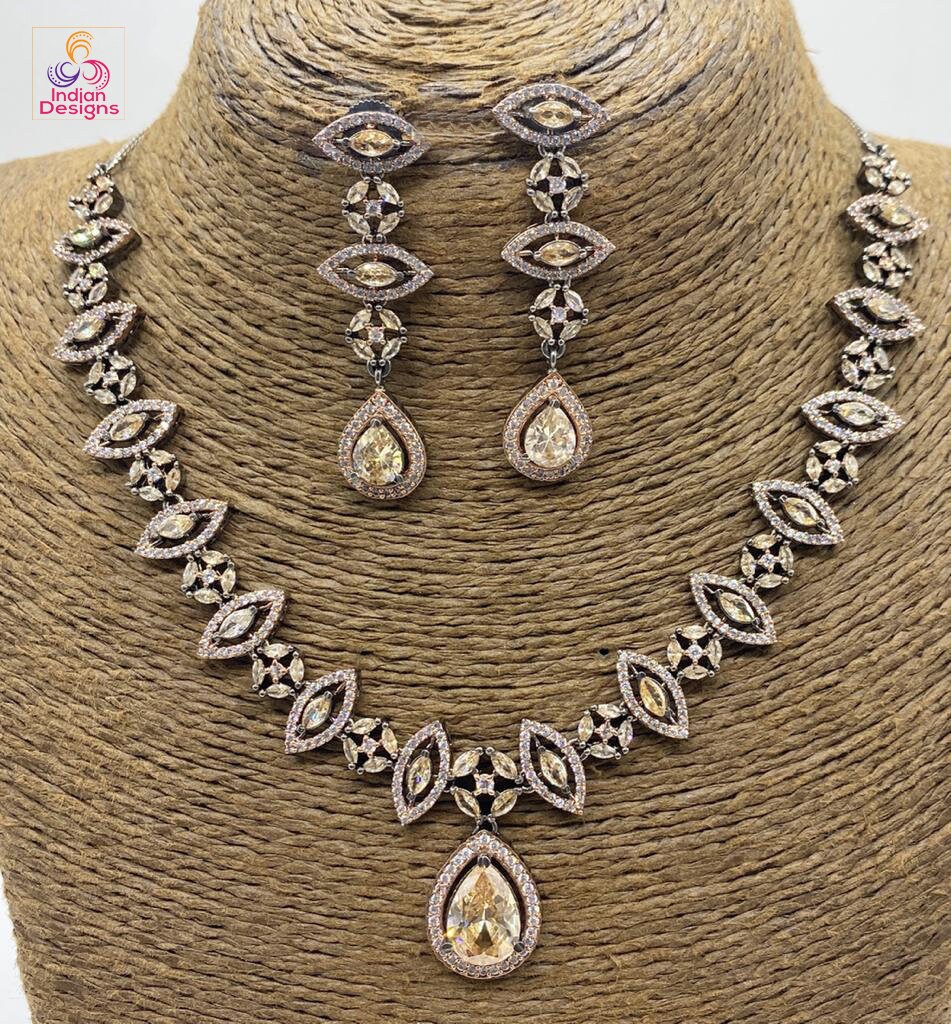 Rose gold black polish American Diamond Necklace sets | Oxidized Polish and Rose gold plating AD stone necklace | CZ Necklace Designs