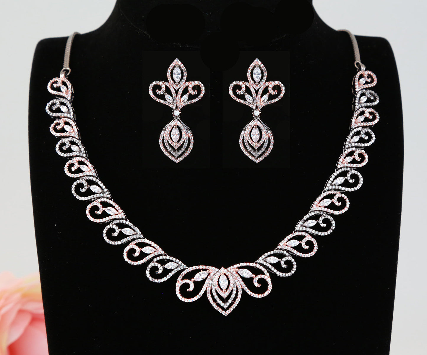 American Diamond Rose Gold necklace with Oxidized Polish | Bell Design CZ Diamond Designer necklace | High Grade American Diamond Necklaces