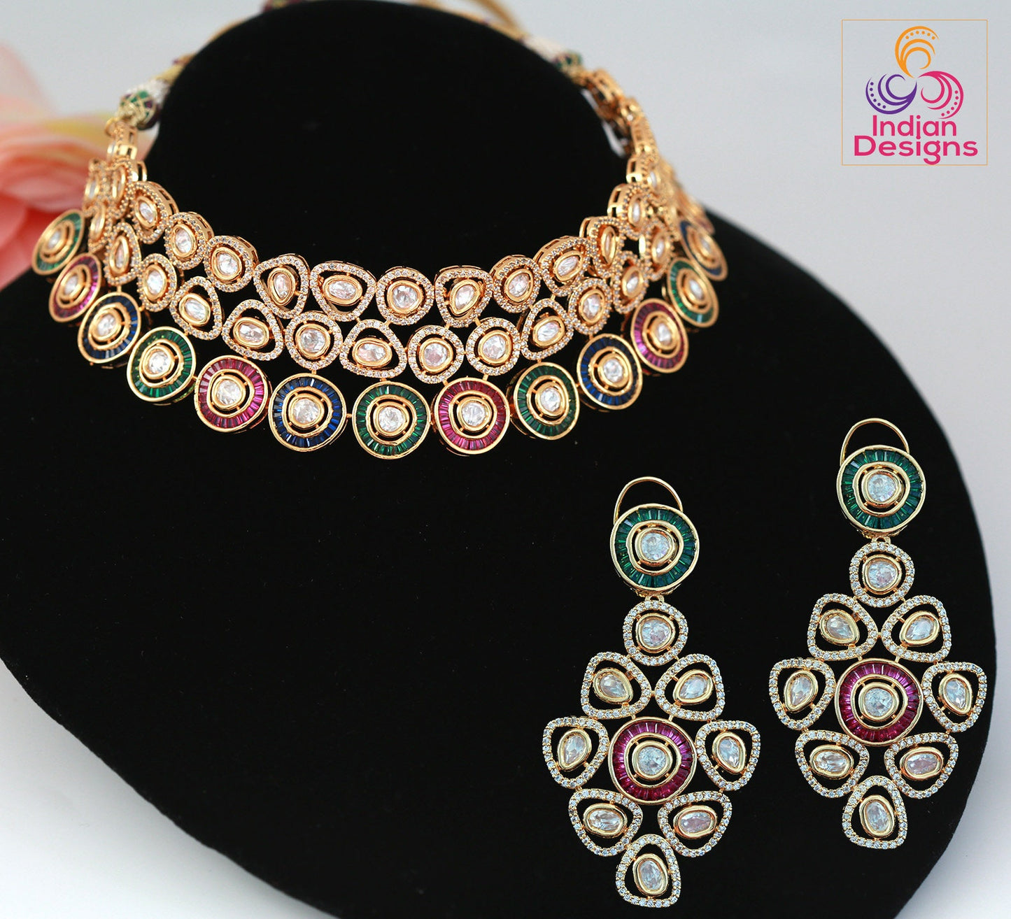 American diamond choker set | Kundan Choker Necklace Earring Set | Indian Jewelry Bridal Wedding Necklace | bollywood style choker necklace