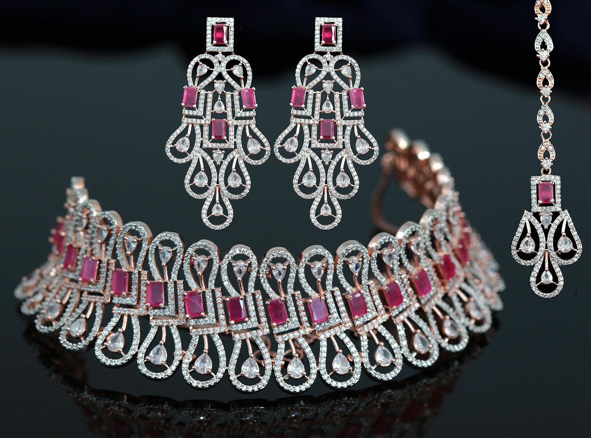 Rose Gold American Diamond Necklace Set Pink CZ Diamond 