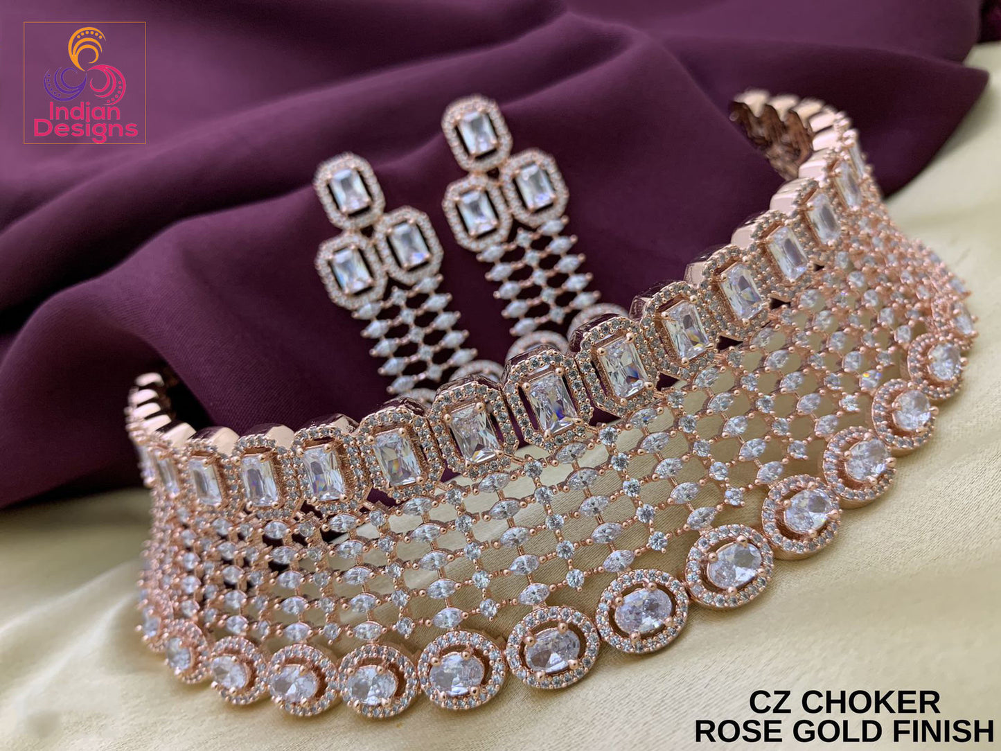 American diamond Rose gold choker earring set | CZ Crystal jewelry necklace | Indian Bollywood jewelry | AD Bridal choker Wedding necklace