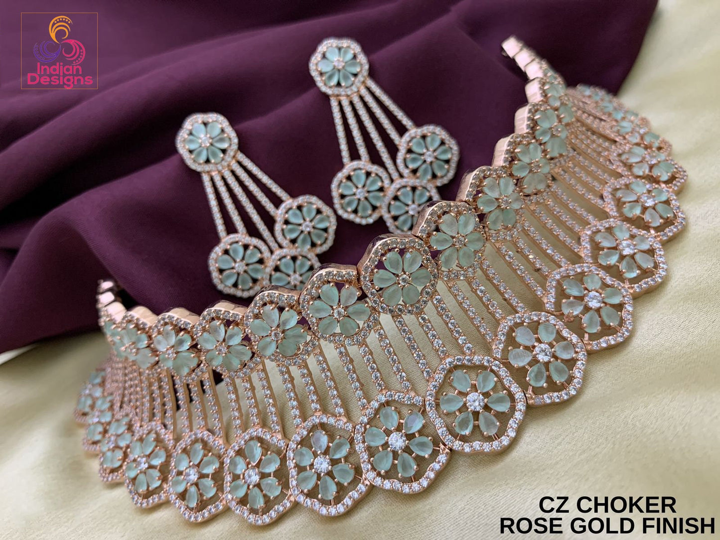 Rose gold Mint Wedding choker set | CZ Diamond Choker | American Diamond Floral necklace earring set | Indian Bollywood Wedding Choker set