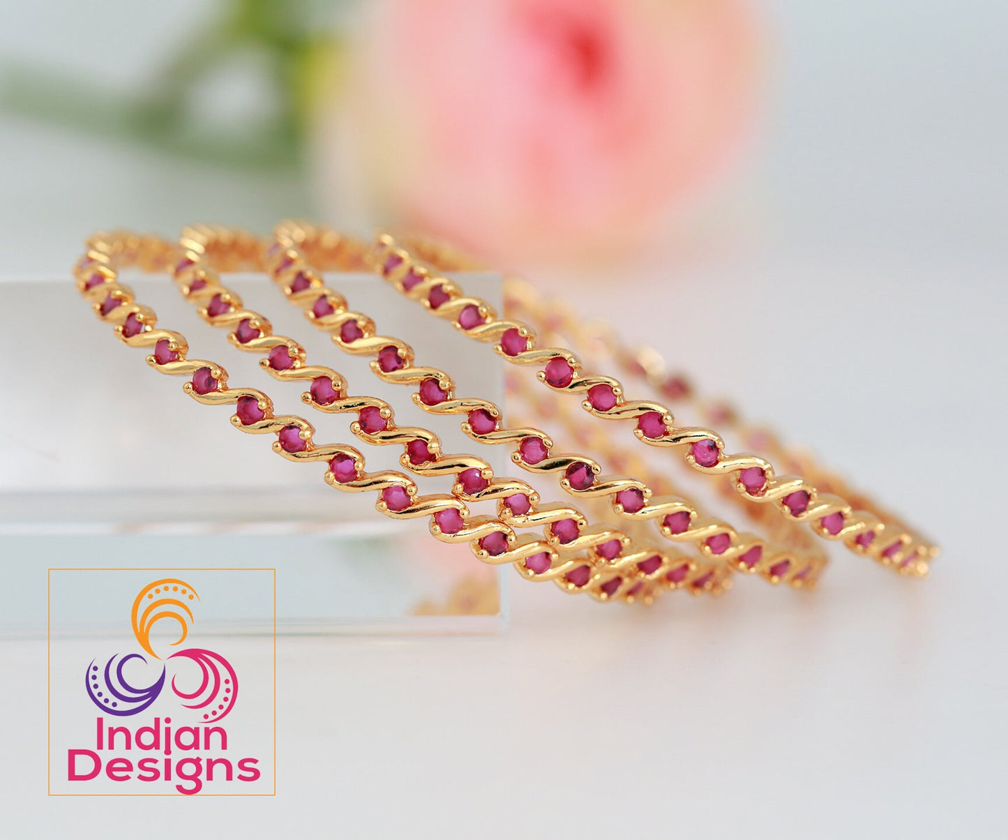 Stylish Zig Zag Design set bangles | 22k gold plated AD stone bangles | Gold plated American diamond bangles | Small ruby stone bangles