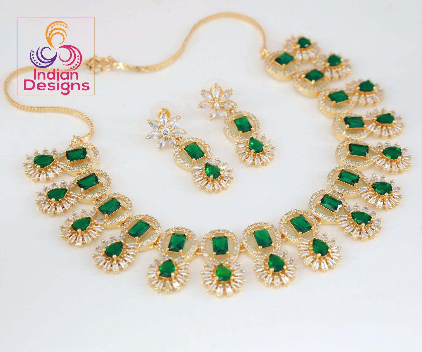 American diamond necklace set | Gold plated cubic zirconia necklace | Emerald green stone gold necklace designs | Indian Wedding Jewelry
