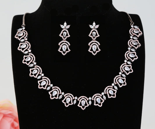American Diamond Rose Gold necklace with Oxidized Polish | Bell Design CZ Diamond Designer necklace | High Grade American Diamond Necklaces
