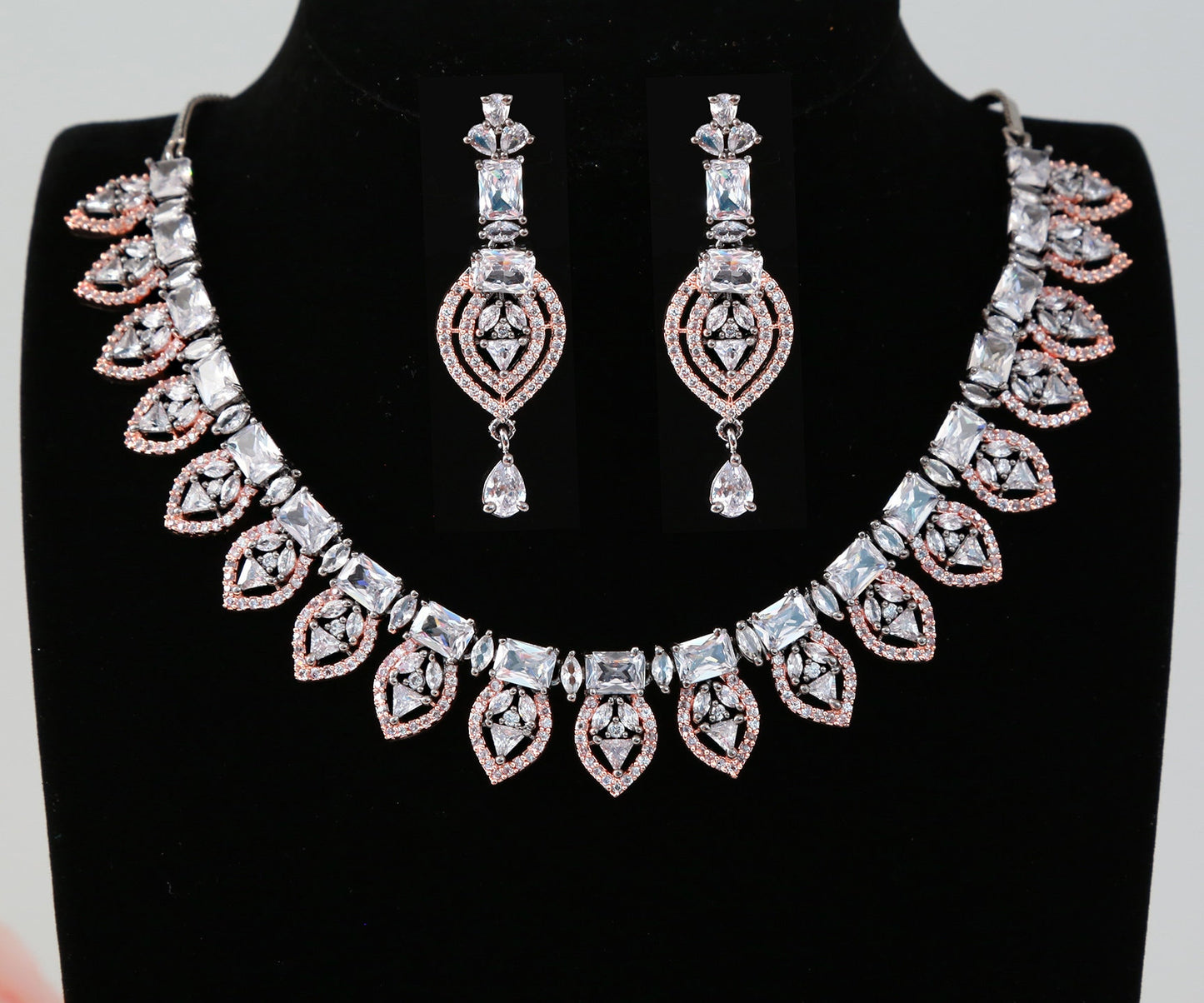 American Diamond Rose Gold necklace with Oxidized Polish | Bell Design CZ Diamond Designer necklace | High Grade American Diamond Necklaces