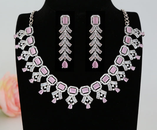 American diamond necklace set | CZ diamond bridal necklace set | Emerald cut AD stone necklace designs | Indian Bollywood wedding jewelry